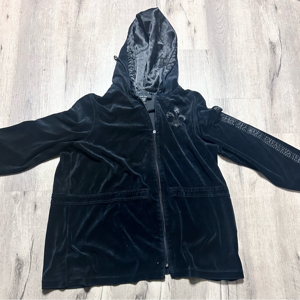 Kaktus Womens 2XL Black Velvety Jacket Full Zip Fleur De Lis Embroidery